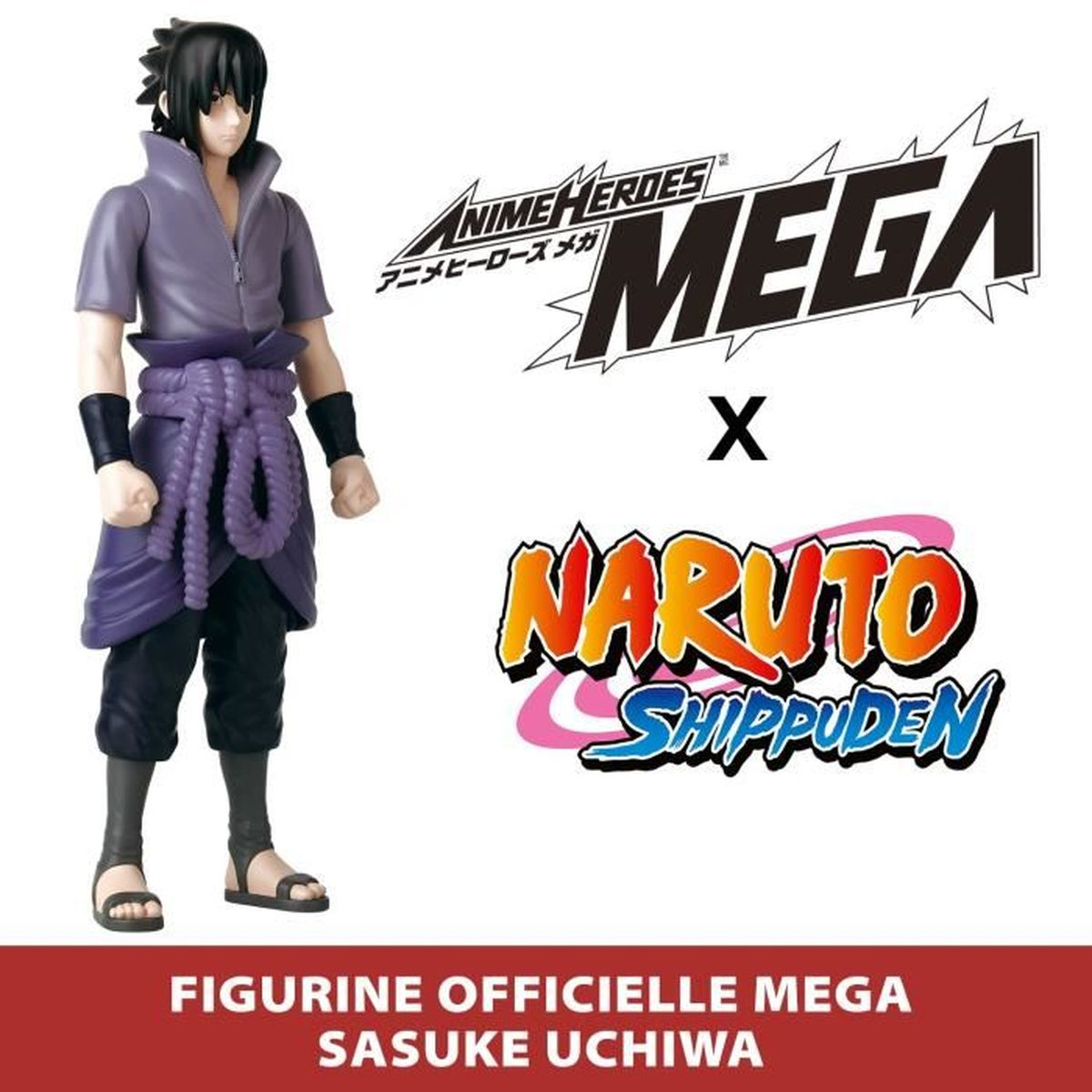 Una figura de Sasuke Uchiha junto a los logos de Anime Heroes Mega x Naruto Shippuden. Una pancarta roja dice 'Figura Oficial Mega Sasuke Uchiha'.