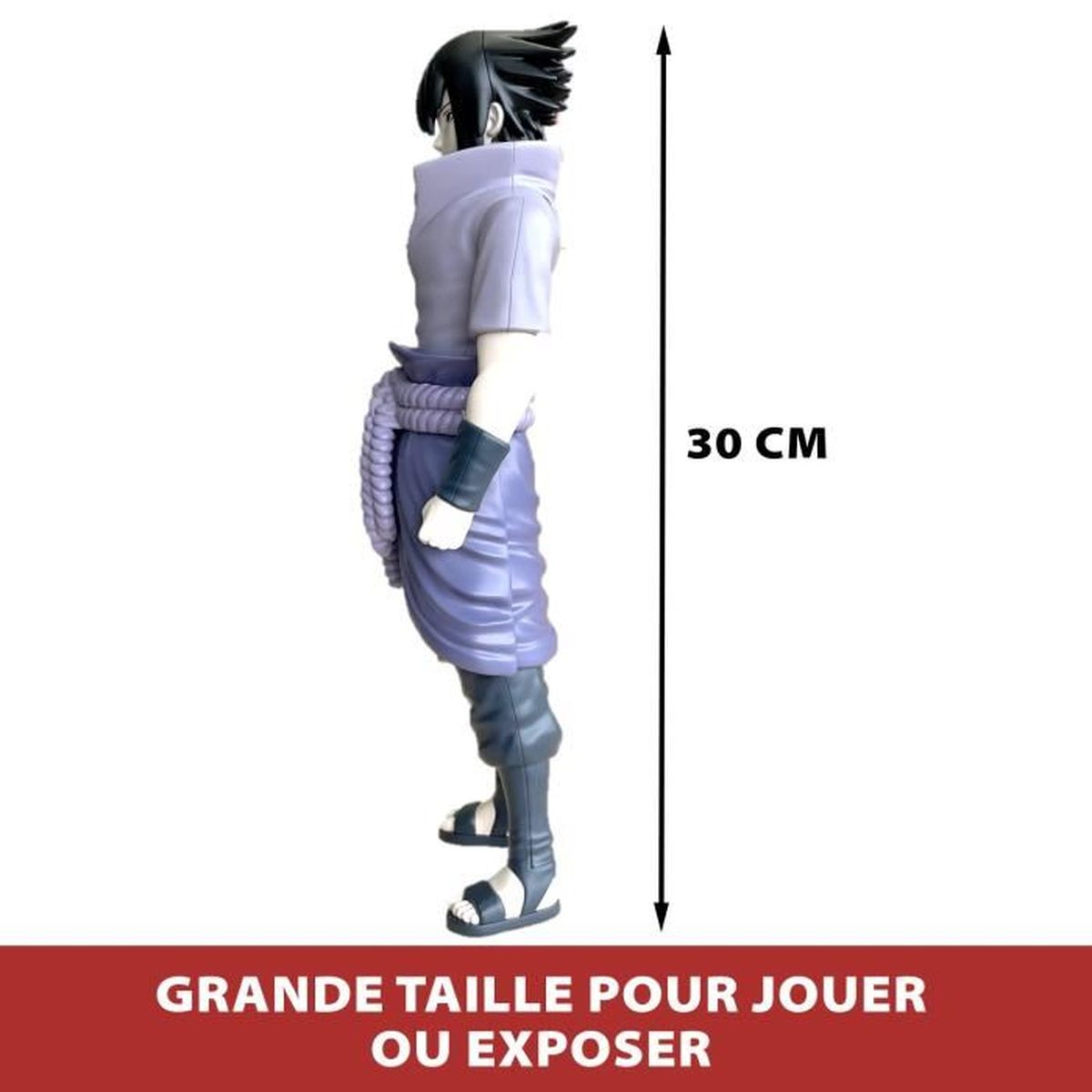 Una figura de un personaje con cabello negro, con un atuendo morado. Está sobre fondo blanco. La altura es 30 cm.