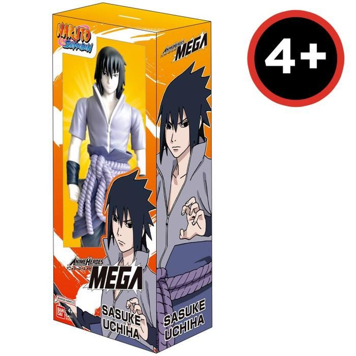Una figura de Sasuke Uchiha en una caja, con múltiples imágenes del personaje. La caja es naranja y presenta el logotipo de Naruto Shippuden y un signo de 4+.