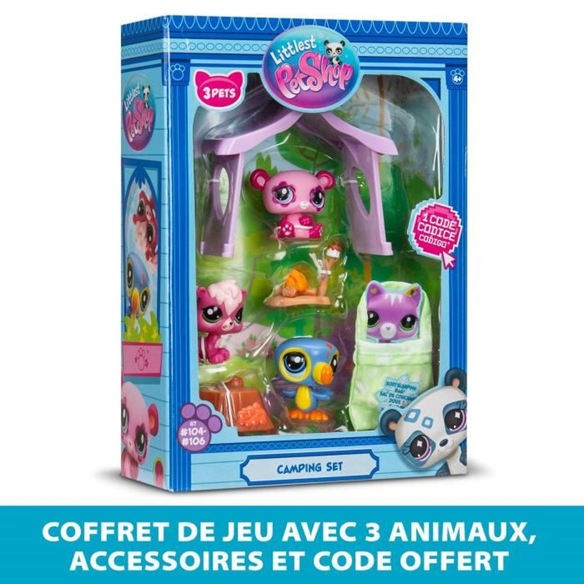 Ein Littlest Pet Shop Camping-Set wird gezeigt. Die Box enthält Spielzeugtiere, Zubehör und einen Code. Enthält einen Panda, einen Bären und eine Eule.