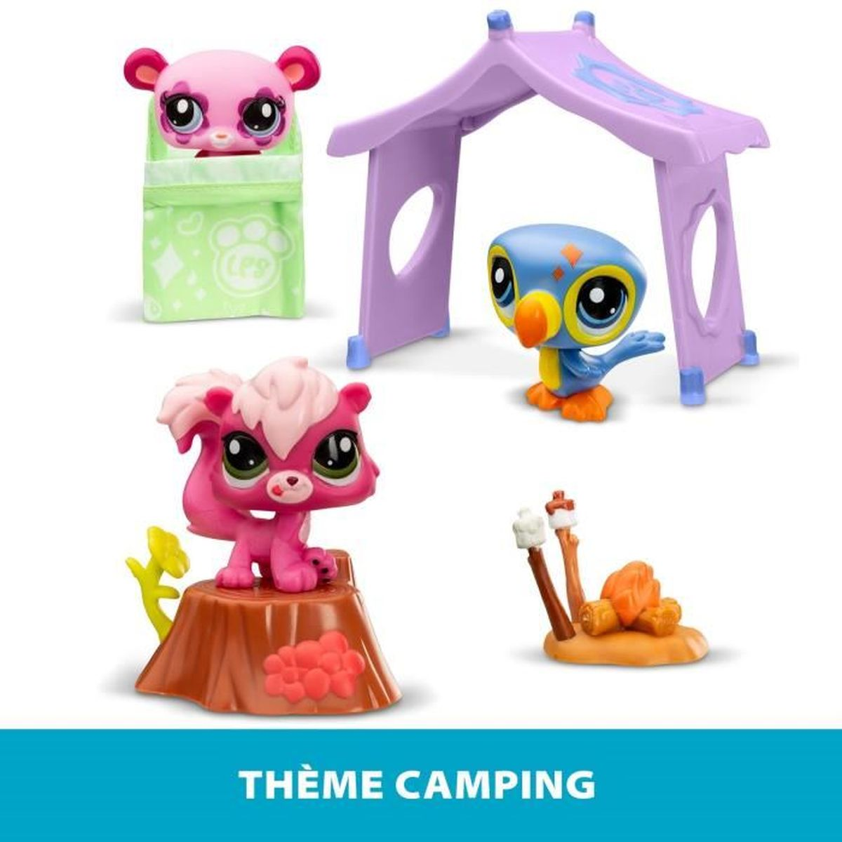 Spielzeugset mit rosa und blauen Tieren, einem lilafarbenen Zelt und einem Lagerfeuer. Thema ist Camping.