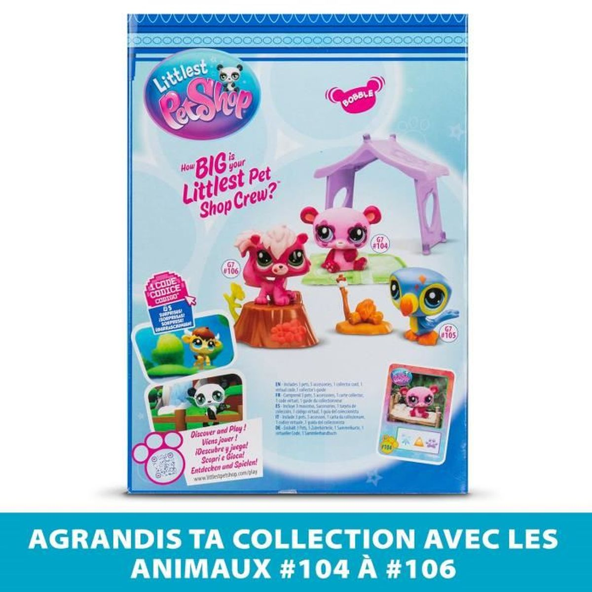Schachtel mit Littlest Pet Shop-Spielzeug. Enthält rosa, blaue und gelbe Figuren. Text in mehreren Sprachen.