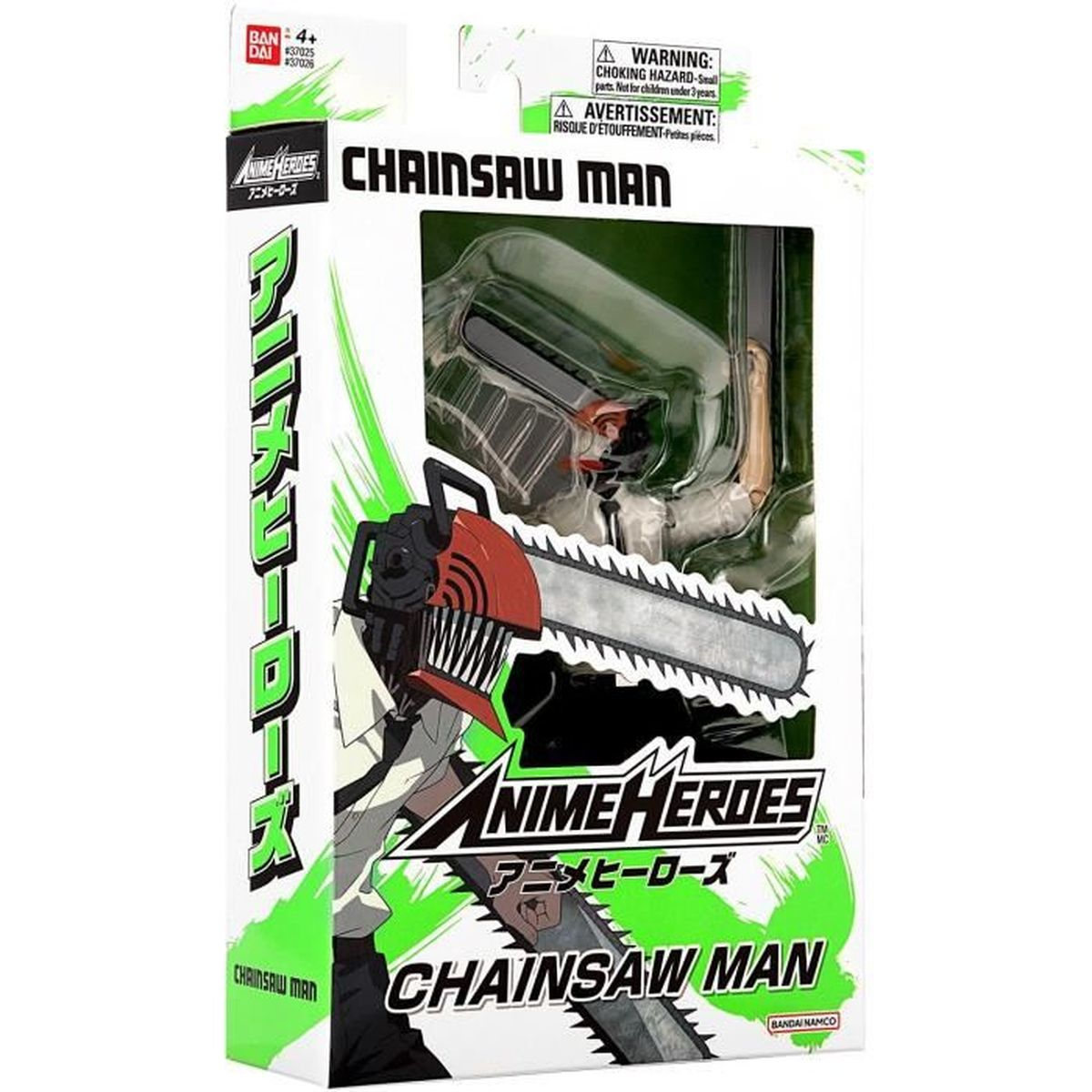 Grafika pudełka figurki Anime Heroes Chainsaw Man. Przedstawia figurkę postaci z głową piły łańcuchowej. Na pudełku znajdują się loga i ostrzeżenia.