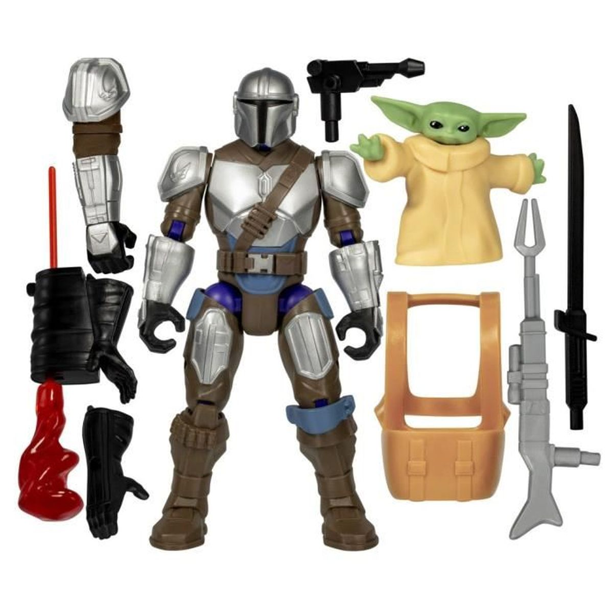 Die Mandalorianer-Actionfigur mit Zubehör, darunter eine Waffe, Baby Yoda und ein Werkzeuggürtel, alles auf weißem Hintergrund.