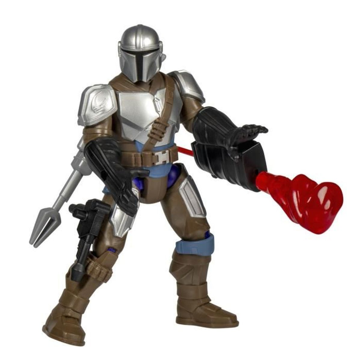 Die Mandalorianische Actionfigur steht mit einer Waffe, einer Pistole und einer roten Flamme. Er trägt eine silberne Rüstung und einen Helm.