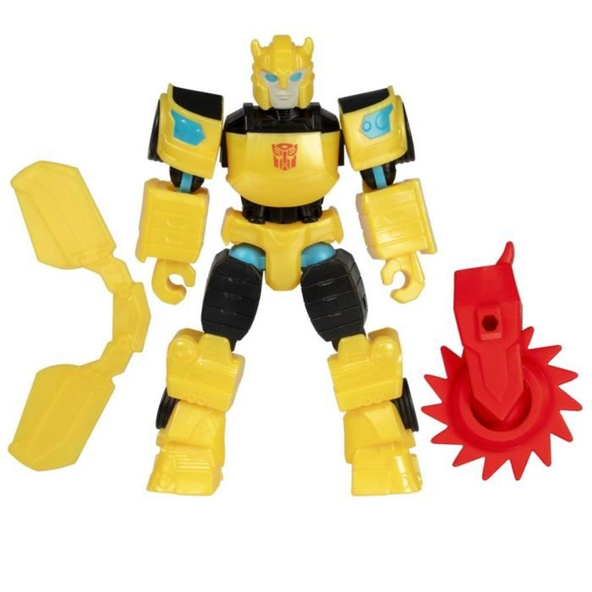 Un juguete Transformer Bumblebee amarillo y negro con dos accesorios, uno amarillo y otro rojo. Está de pie con los brazos y las piernas extendidos.