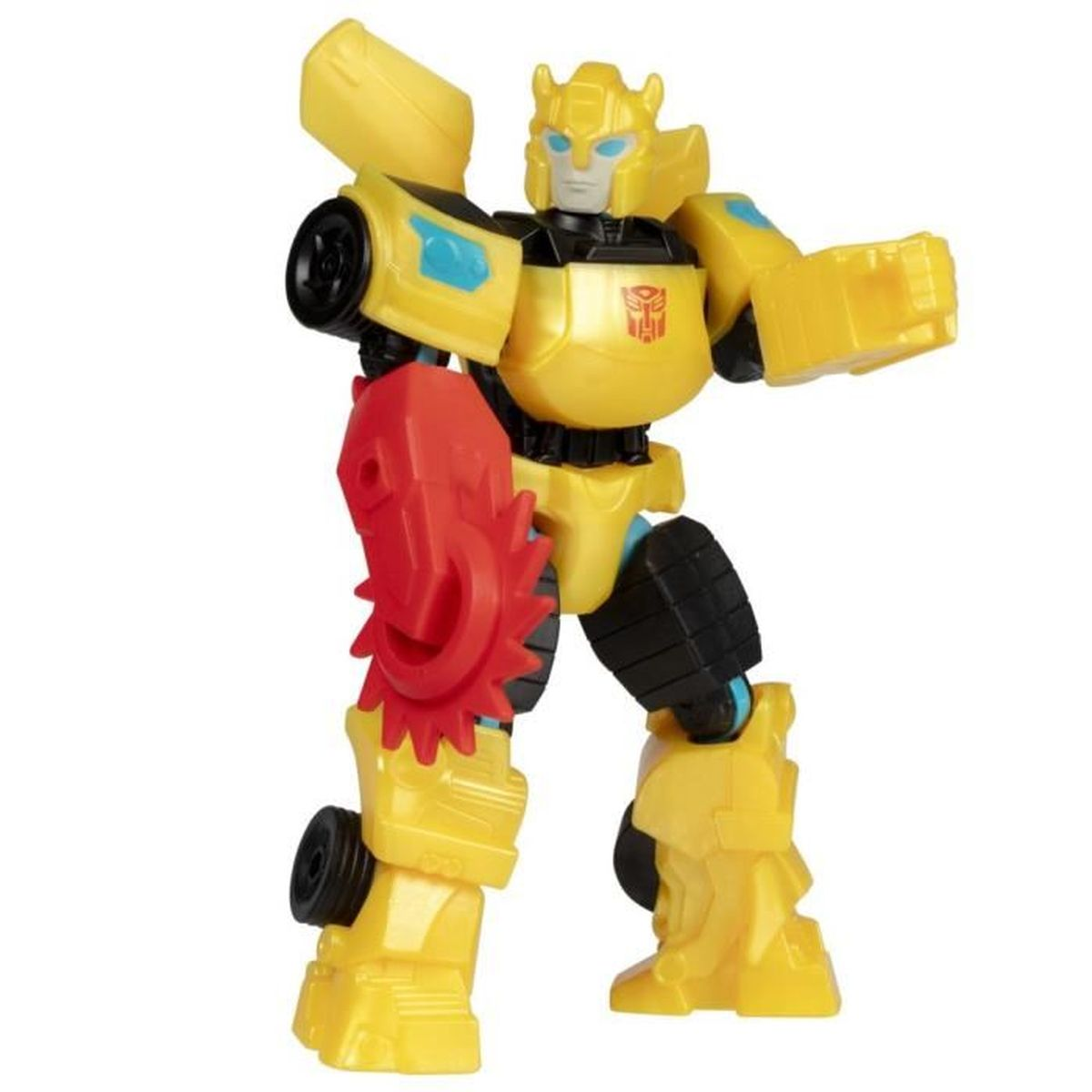 Un juguete Transformers amarillo con un brazo rojo en forma de sierra. Tiene detalles en negro y azul. Se encuentra sobre un fondo blanco.