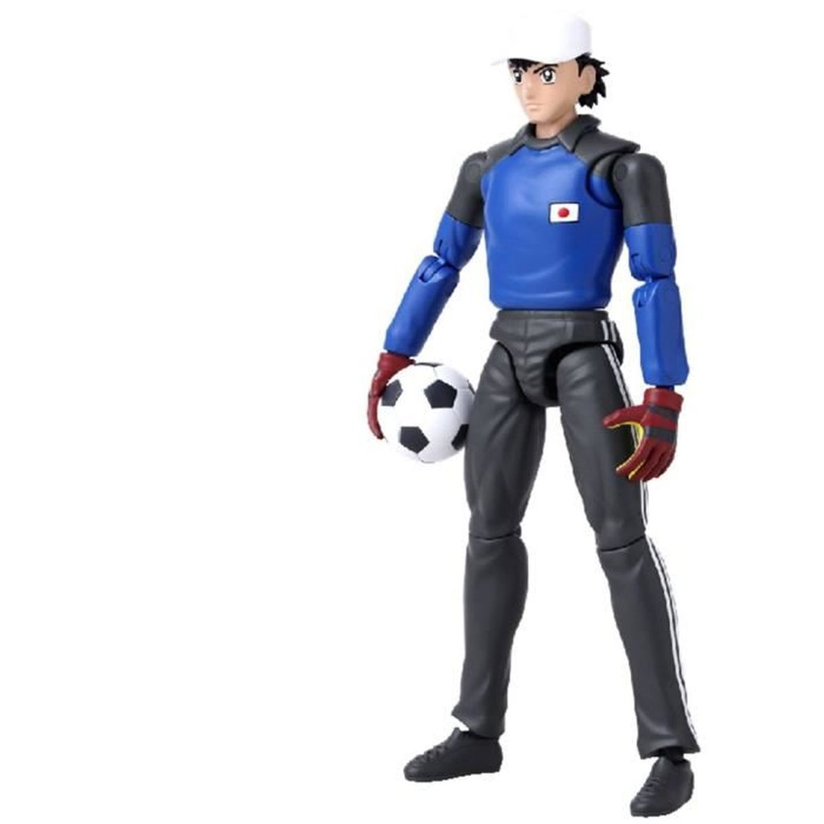 Figur eines Fußballspielers in blauem Trikot und schwarzer Hose, der einen Fußball hält. Er trägt eine weiße Kappe und Handschuhe.