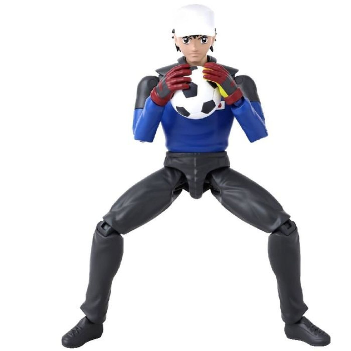 Eine Fussballspielerfigur in blau-schwarzer Uniform hält einen Fussball. Sie trägt eine weisse Kappe und rote Handschuhe.
