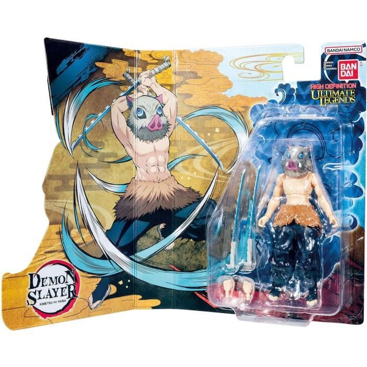 Actionfigur eines Charakters aus Demon Slayer, Inosuke, in Verpackung. Die Figur befindet sich in einer Kampfpose mit zwei Schwertern.