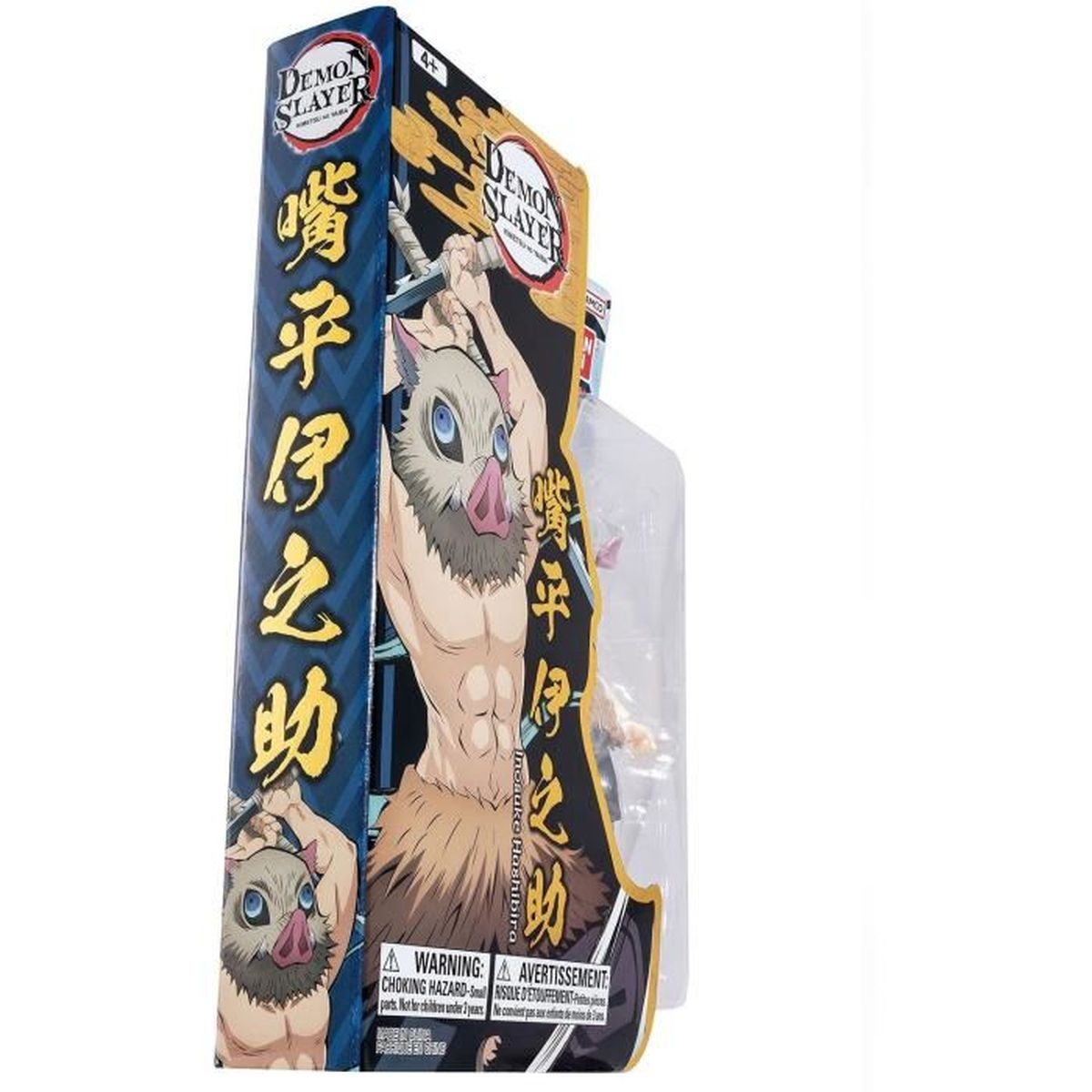 Eine Demon Slayer-Actionfigur von Inosuke Hashibira in der Verpackung. Die Figur befindet sich in einer transparenten Kunststoffverpackung links.
