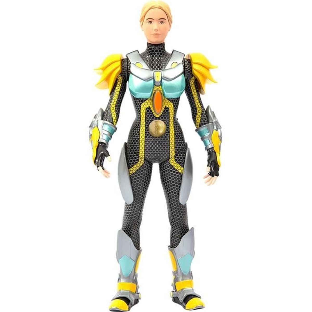 Eine weibliche Actionfigur in einem schwarz-gelben Anzug mit Rüstung. Sie hat blondes Haar und einen entschlossenen Gesichtsausdruck.