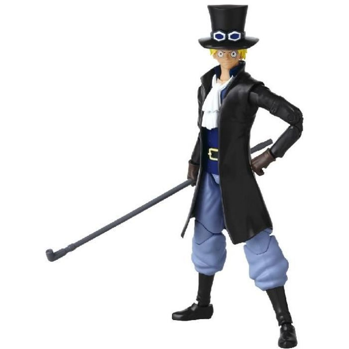Eine Figur eines Mannes mit blonden Haaren, Zylinder, schwarzem Mantel und blauen Hosen, der einen Stock hält. Er ist Sabo von One Piece.