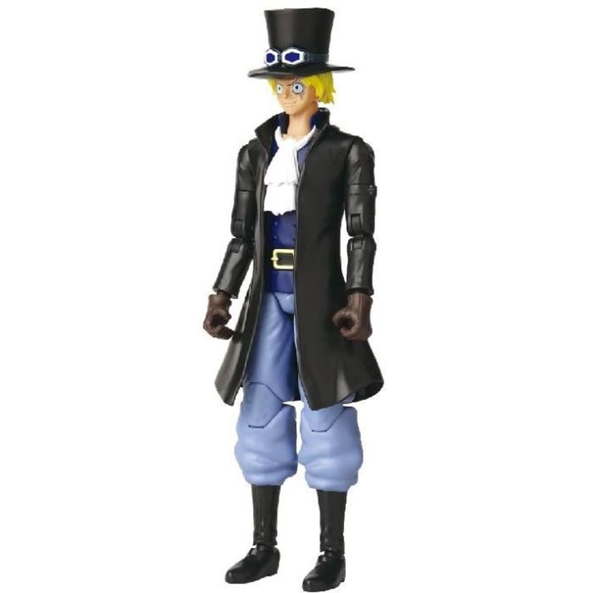 Figur eines Mannes mit blonden Haaren, Zylinder, Mantel und blauer Hose. Er trägt Handschuhe und Stiefel.