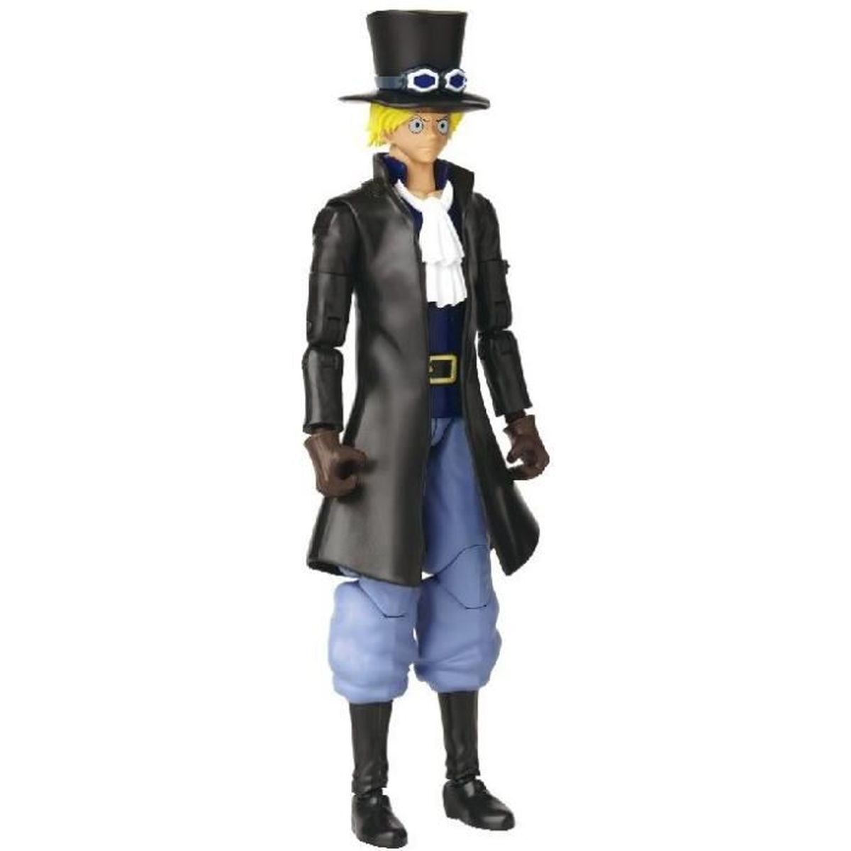 Eine Spielfigur eines Mannes mit Zylinder, schwarzem Mantel, blauer Hose und schwarzen Schuhen. Er hat blondes Haar und eine Brille.