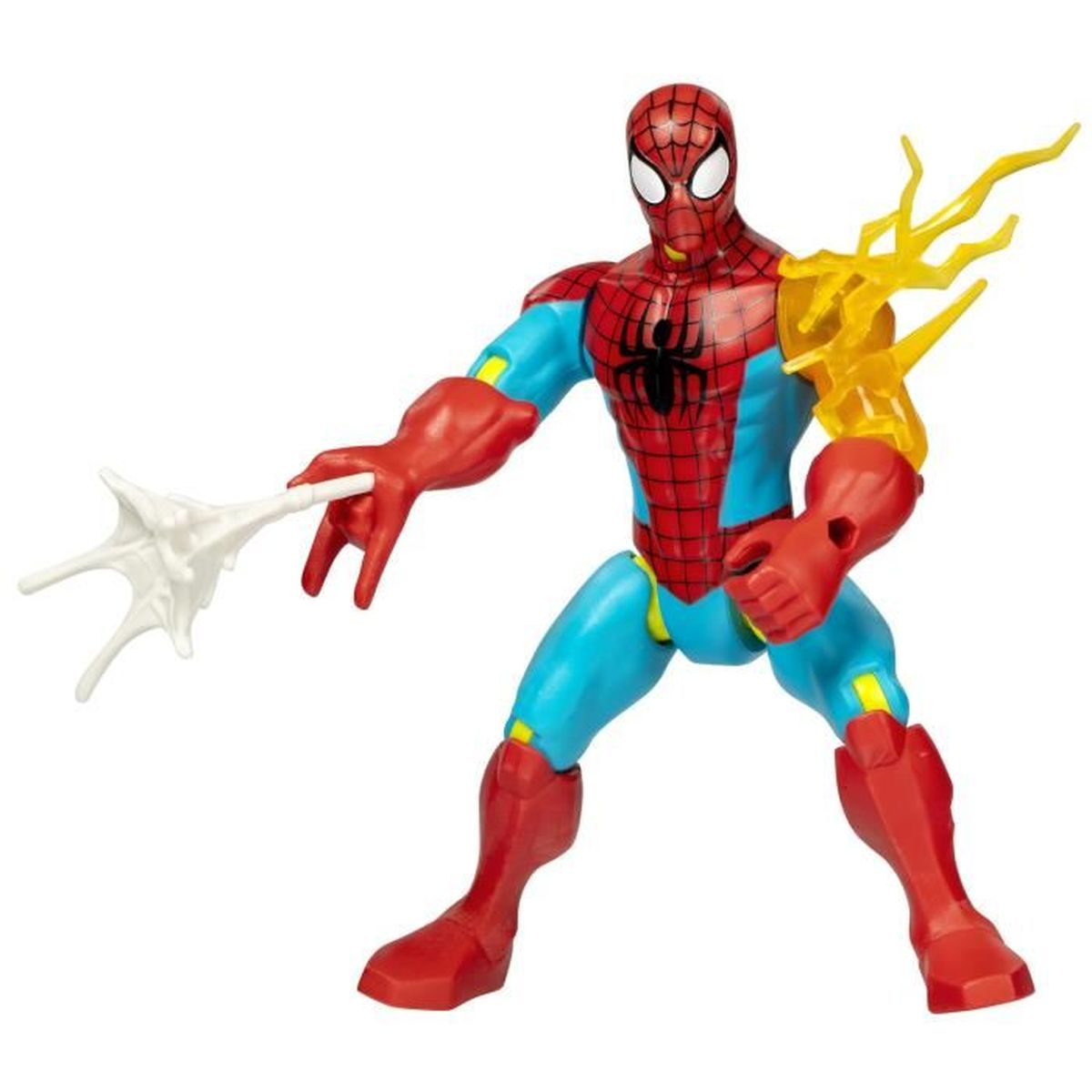 Figura de acción de Spider-Man en pose dinámica, con efecto de telaraña y explosión de energía. Predominan los colores rojo, azul y amarillo.