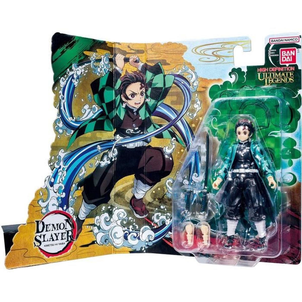Tanjiro-Figur in Verpackung. Der Hintergrund zeigt Tanjiro in Aktion mit Wassereffekten. Etiketten "Demon Slayer" und "Ultimate Legends" sind vorhanden.