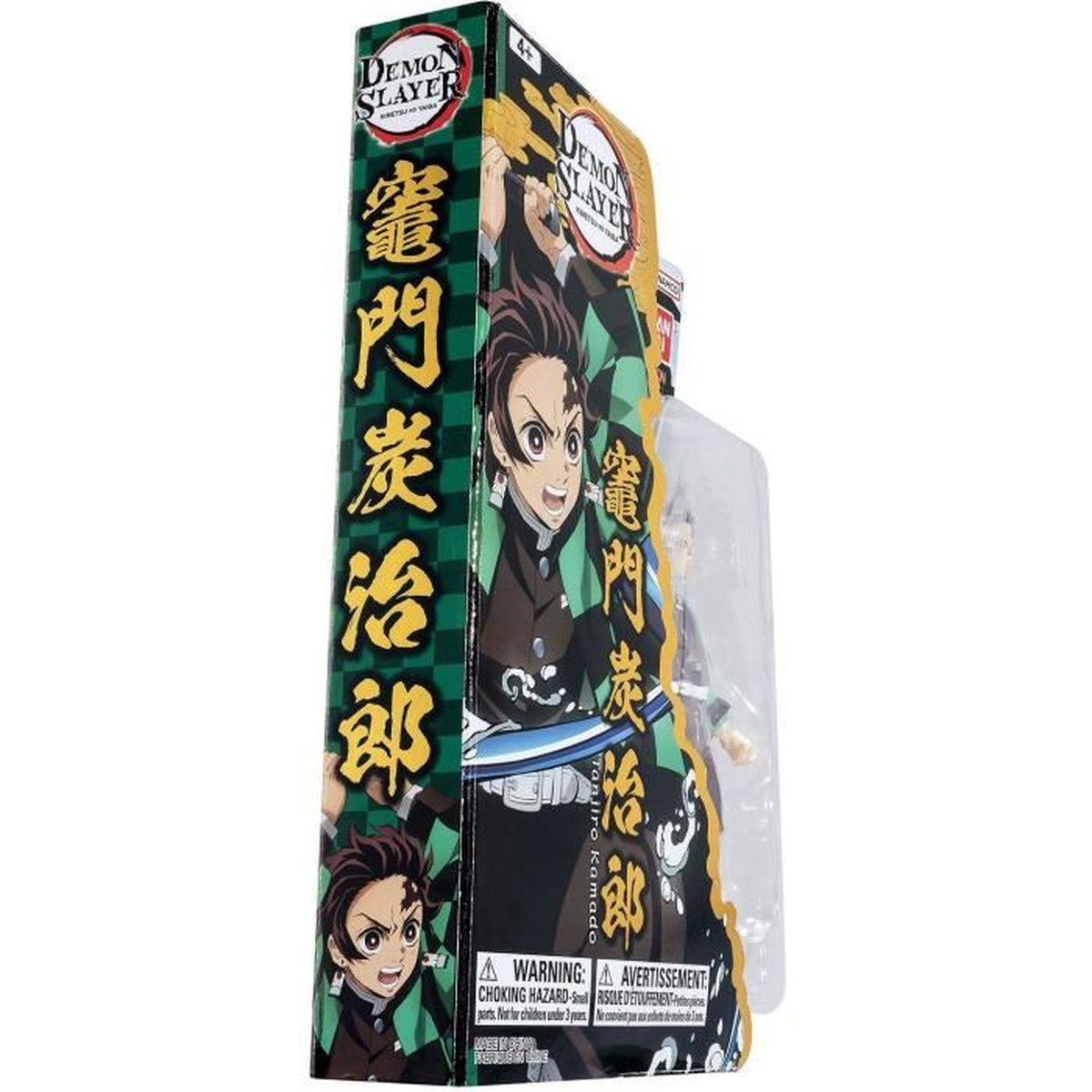 Eine Demon Slayer-Actionfigur-Box. Die Box zeigt Kunstwerke von Tanjiro Kamado und japanischen Text. Ein Warnhinweis ist sichtbar.