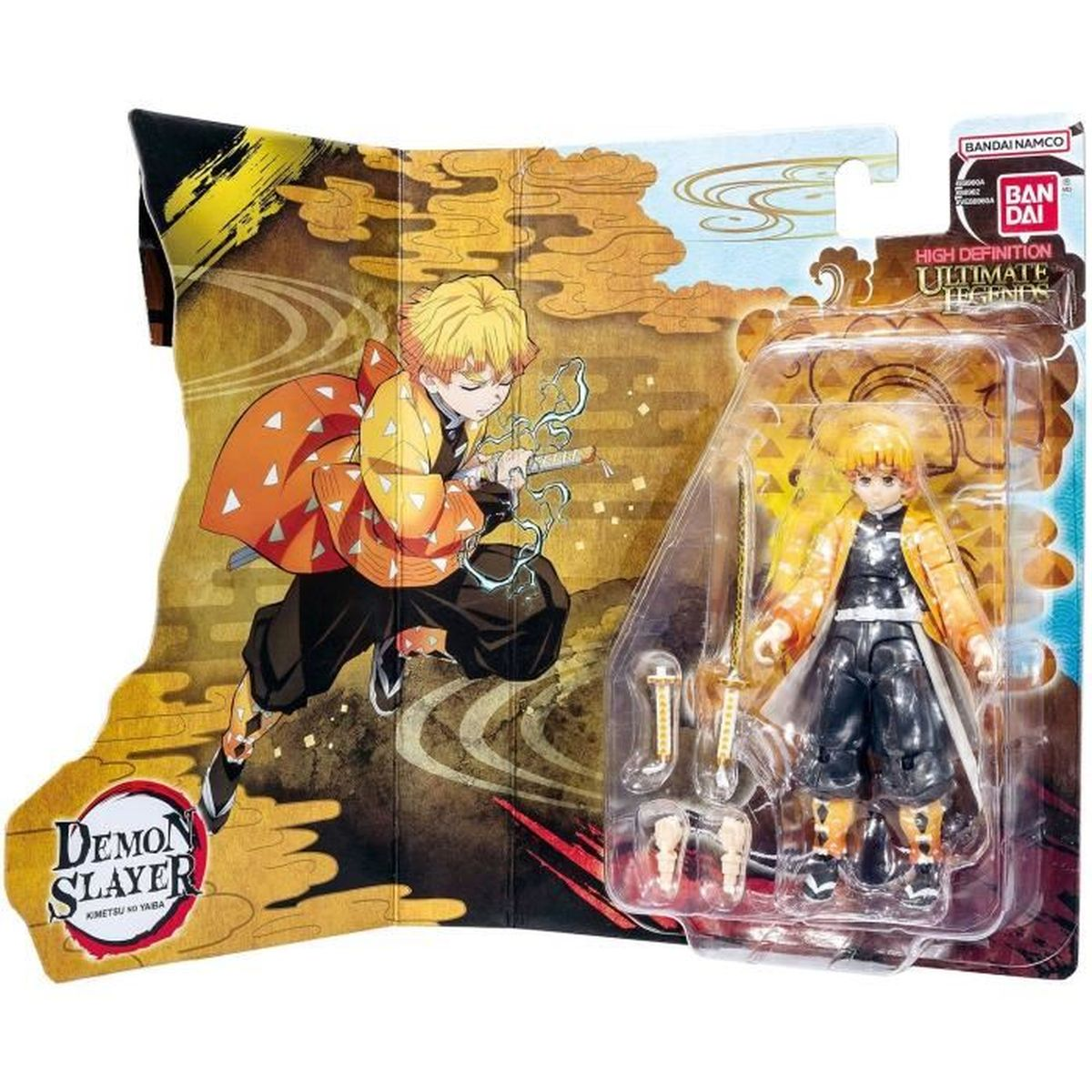 Eine Demon Slayer-Actionfigur von Zenitsu in Verpackung. Die Figur hat gelbes Haar, einen orange-gelben Mantel und hält ein Schwert.