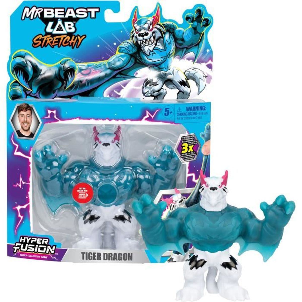 Ein MrBeast Lab Stretchy Tiger Dragon Spielzeug. Die Verpackung zeigt das Spielzeug in einer Packung und eine freistehende Version.