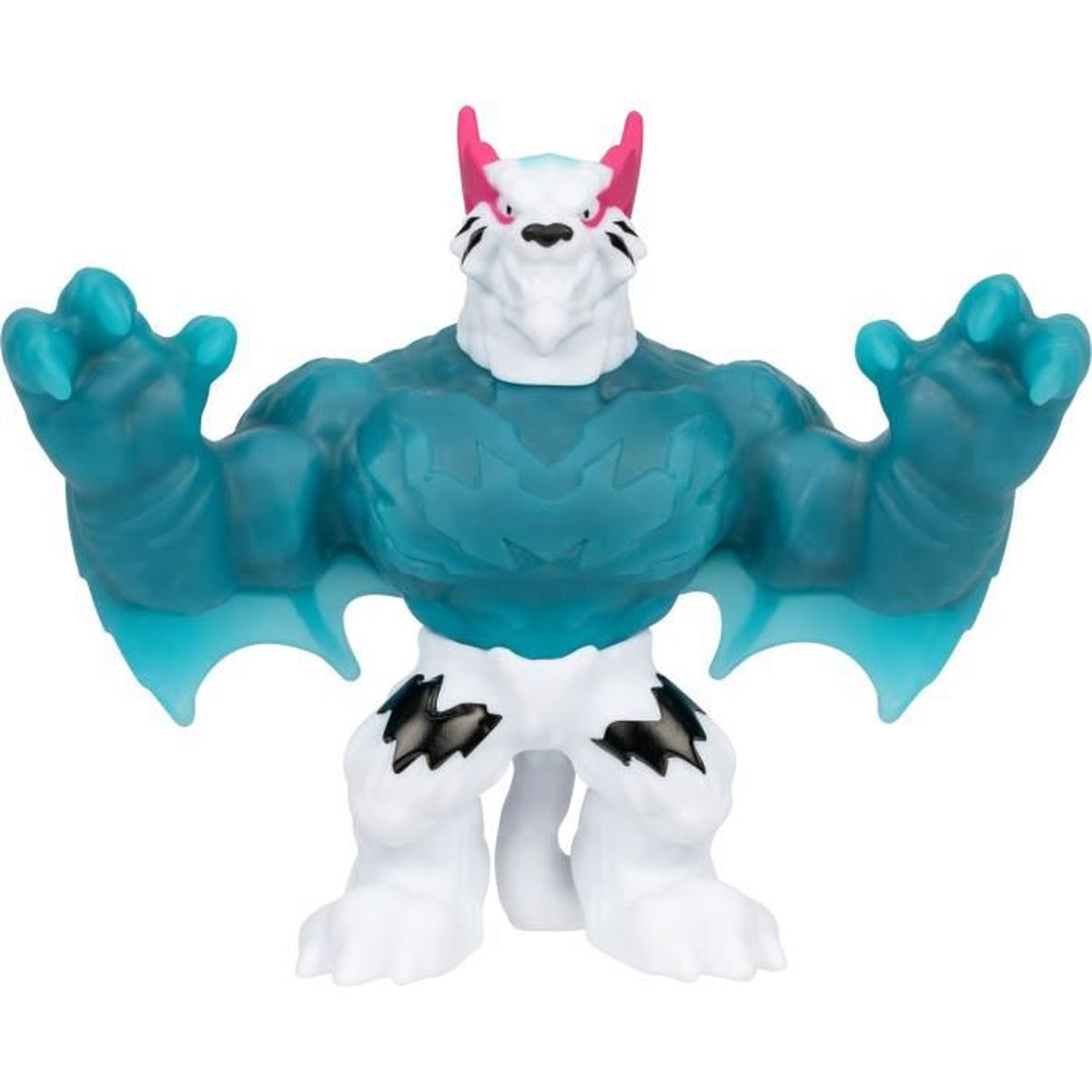 Ein Spielzeugmonster mit weißem Fell, blauem Torso und Armen. Es hat rosa Ohren und schwarze Markierungen. Es steht mit erhobenen Armen da.