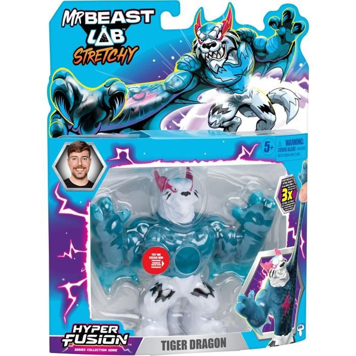 Ein MrBeast Lab Stretchy Tiger Dragon Spielzeug in der Verpackung. Das Spielzeug ist blau und weiß. Die Verpackung hat das MrBeast-Logo und einen Zeichentrickdrachen.