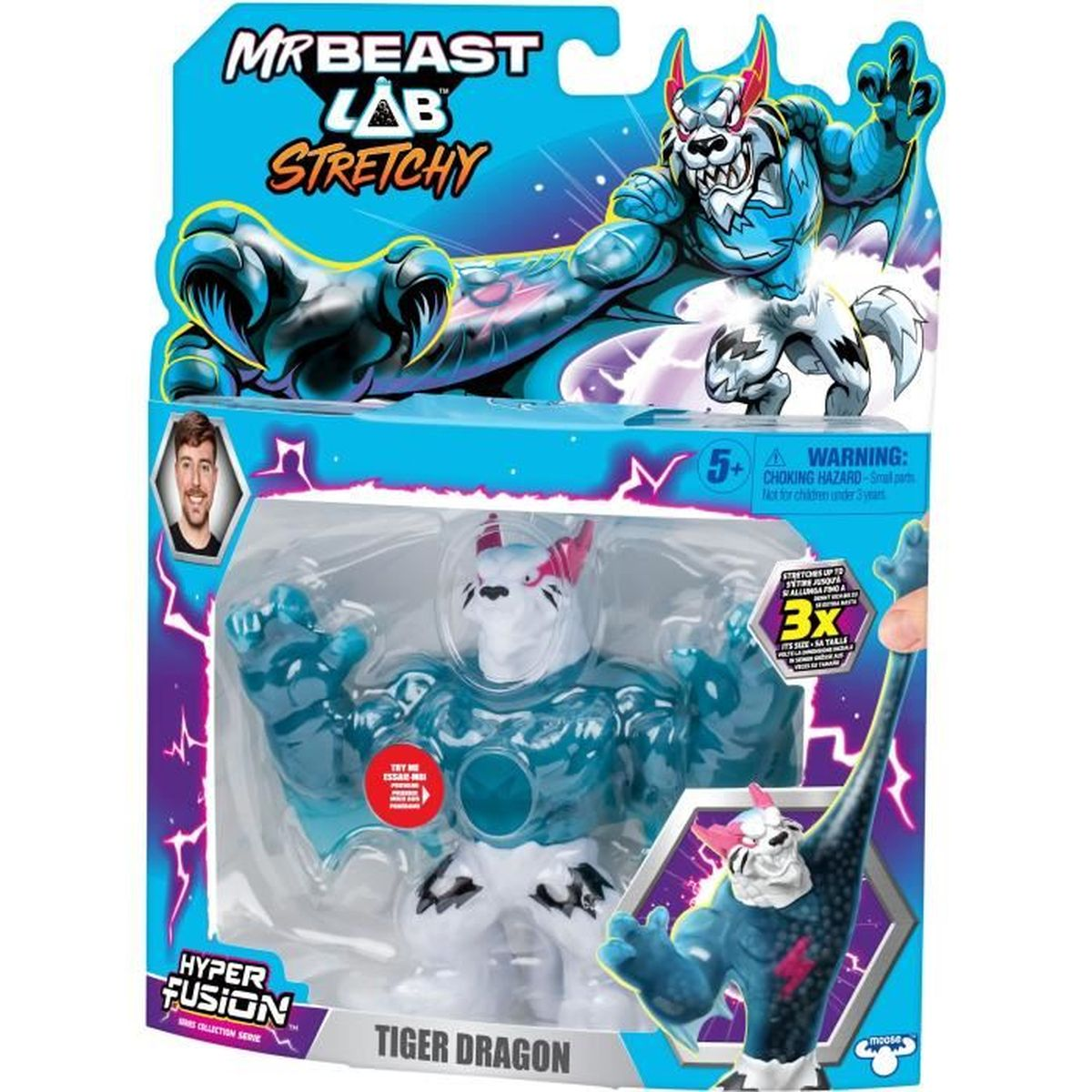 Ein MrBeast Lab dehnbares Tiger Dragon-Spielzeug in der Verpackung. Es zeigt eine blau-weiße Drachenfigur und ein Bild von MrBeast.