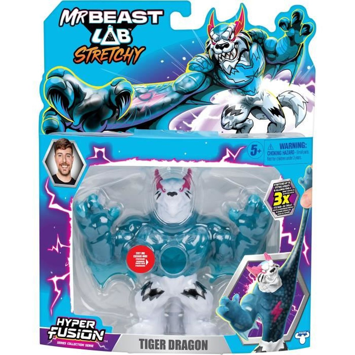 Eine Spielzeugverpackung mit einer blau-weißen Tiger-Drachen-Actionfigur. Die Verpackung zeigt MrBeast und die Worte 'Hyper Fusion'.