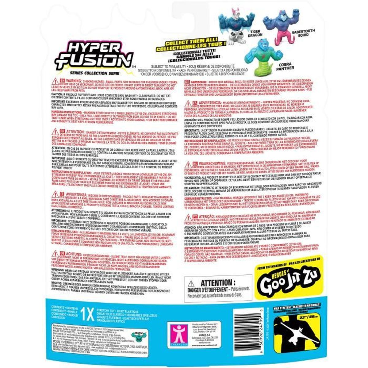 Verpackung mit Spielzeugfiguren und Warnhinweisen. Text in mehreren Sprachen, enthält Spielfiguren.