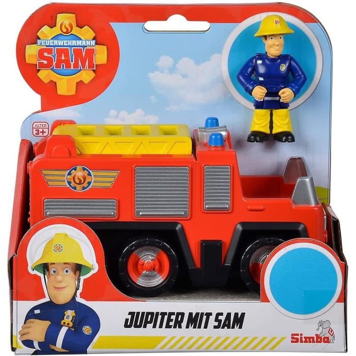 Ein Spielzeugset mit einem roten Feuerwehrauto mit gelbem Dach, einer Feuerwehrmannfigur und Verpackung mit Branding.