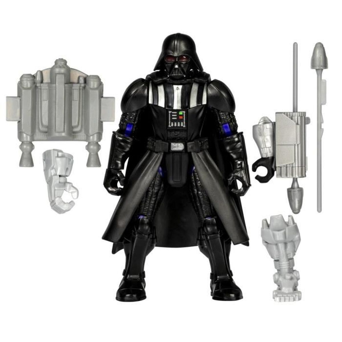 Darth Vader-Actionfigur mit Zubehör: Jetpack, Arm und Waffe. Schwarze Rüstung, Umhang und Helm. Silberne und graue Details.