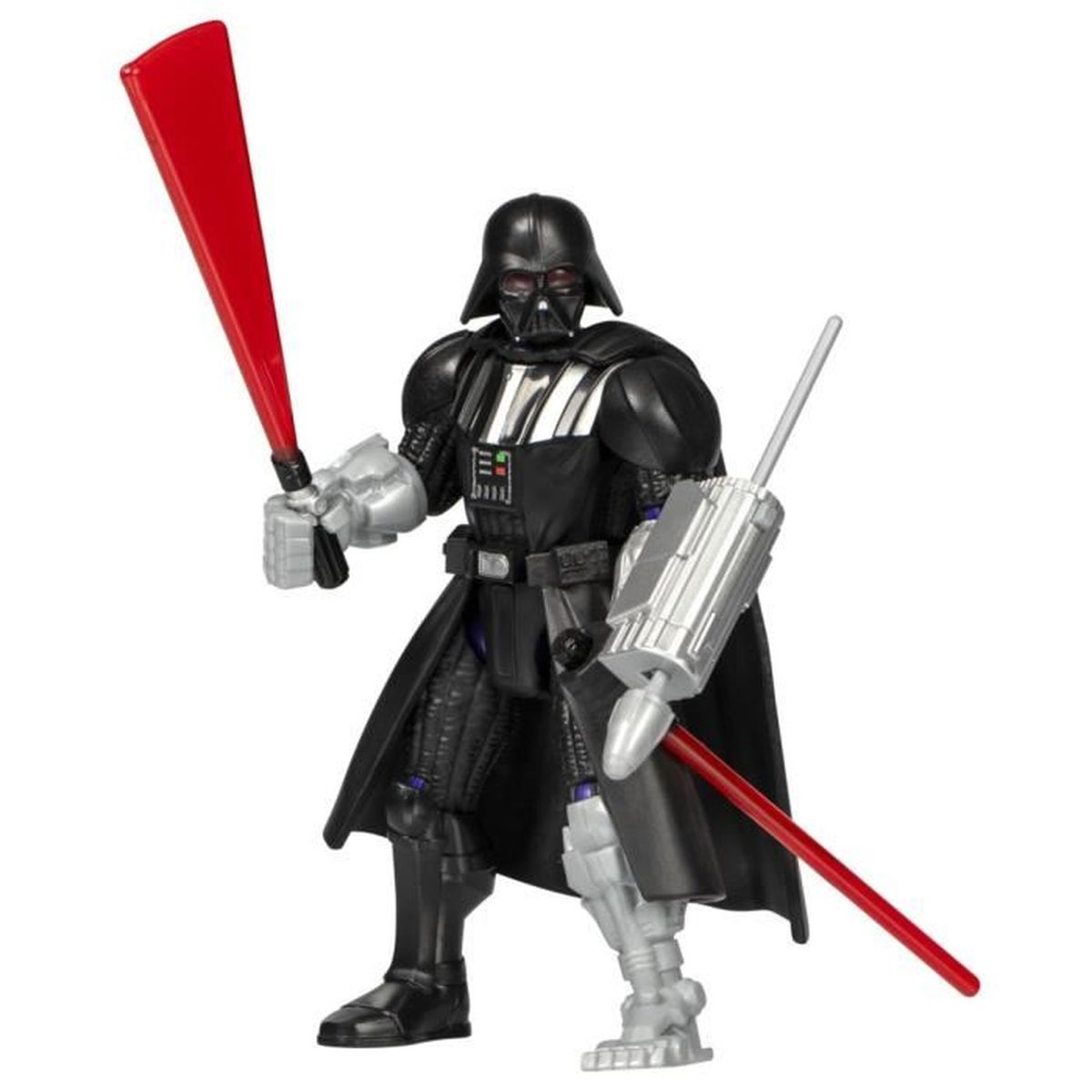 Darth Vader Actionfigur mit rotem Lichtschwert und silbernem Gerät. Er trägt einen schwarzen Anzug und Helm sowie einen Umhang.