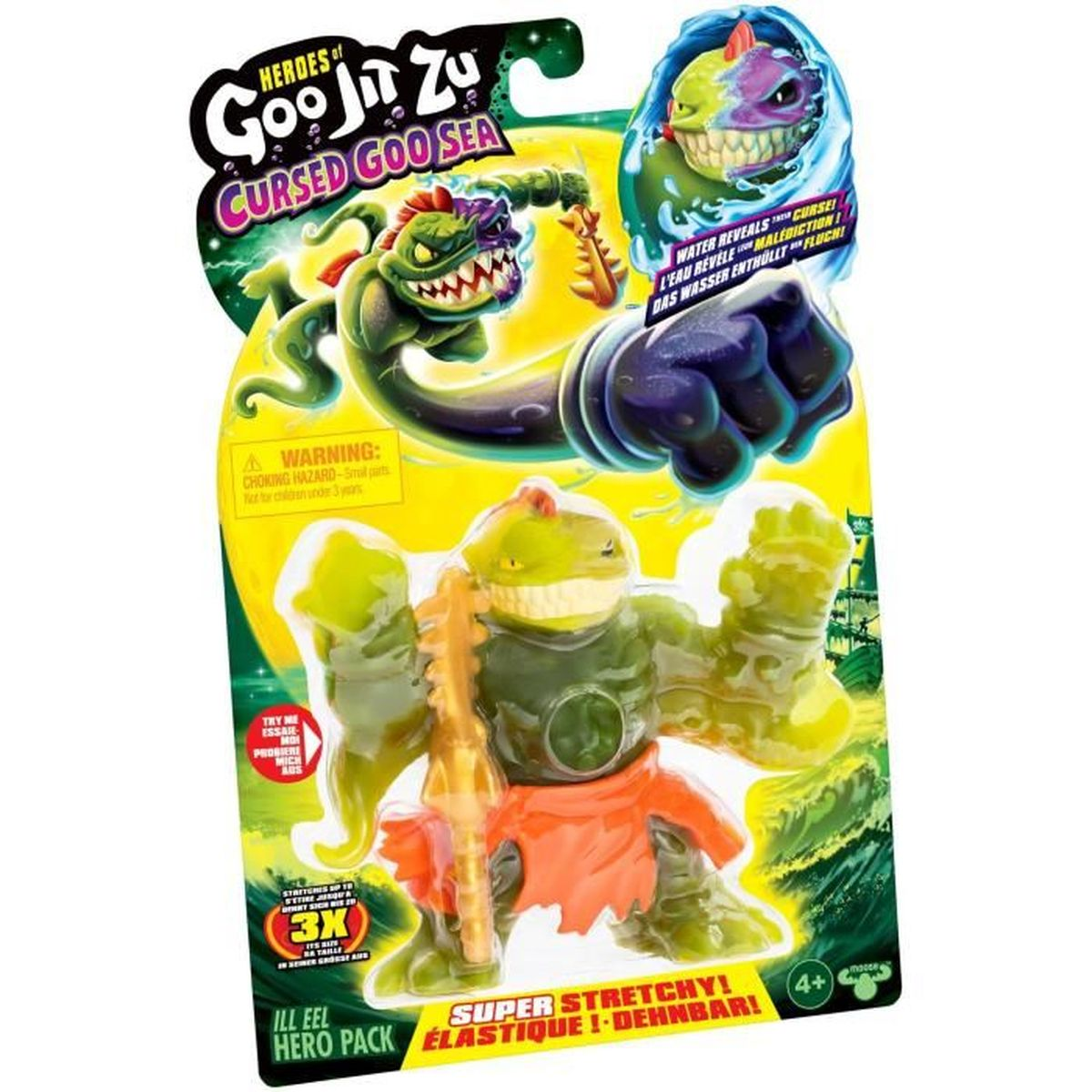 Eine Spielzeugverpackung zeigt ein grünes Monster mit einer Waffe. Der Hintergrund zeigt andere Monster im Wasser mit Text: Cursed Goo Sea.