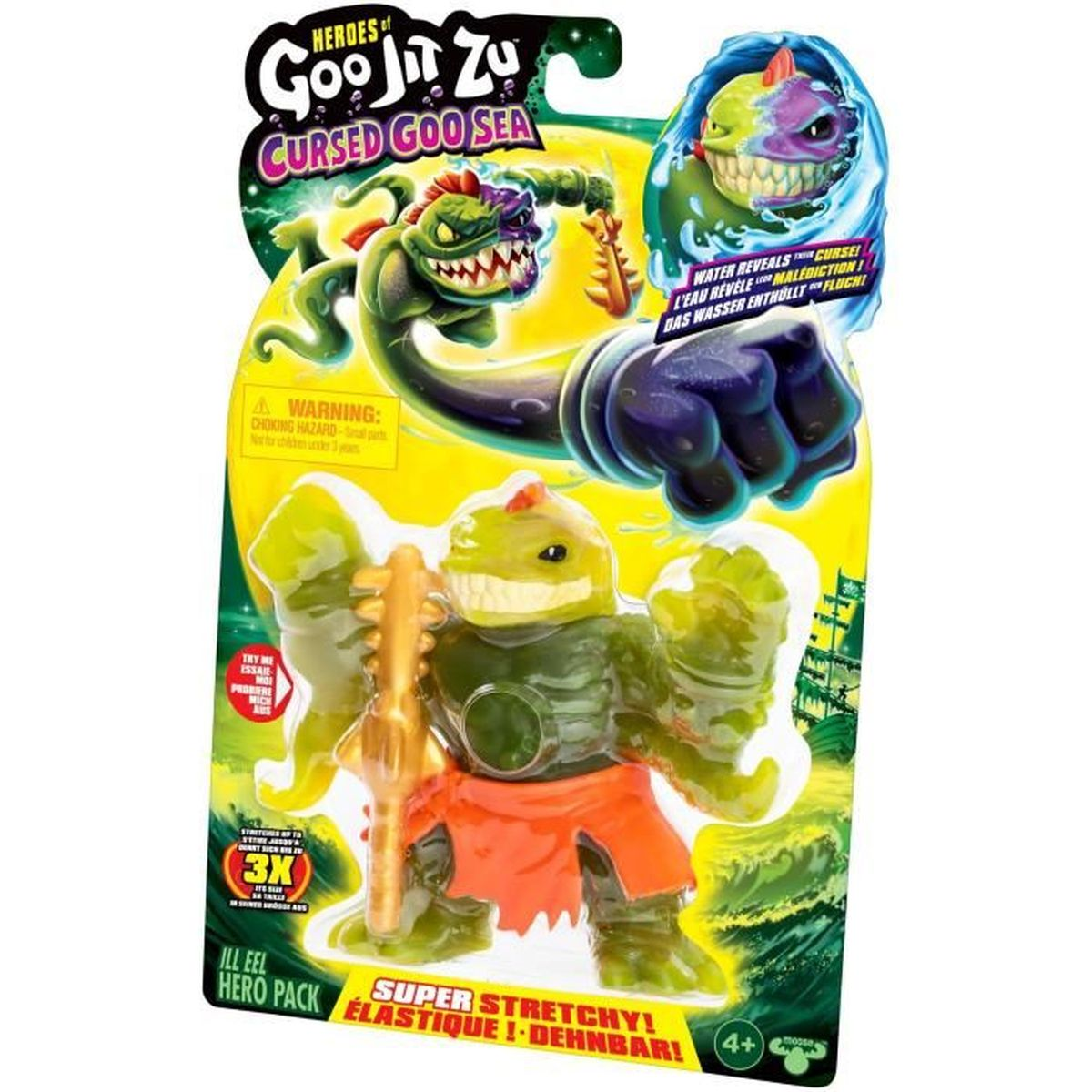 Eine Goo Jit Zu Spielzeugverpackung. Es zeigt ein grünes, dehnbares Monster, das eine goldene Waffe hält, mit anderen Monstern auf der Verpackung.