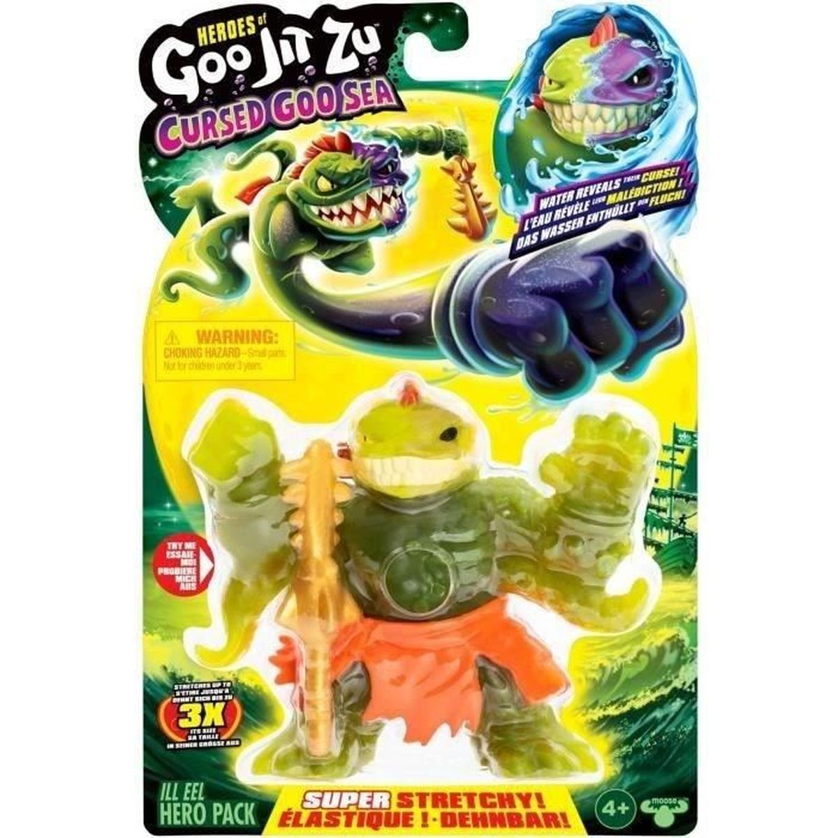 Eine Spielzeugverpackung mit einem grünen Monster, das eine goldene Waffe hält. Die Verpackung hat Text, und andere Monster werden gezeigt.