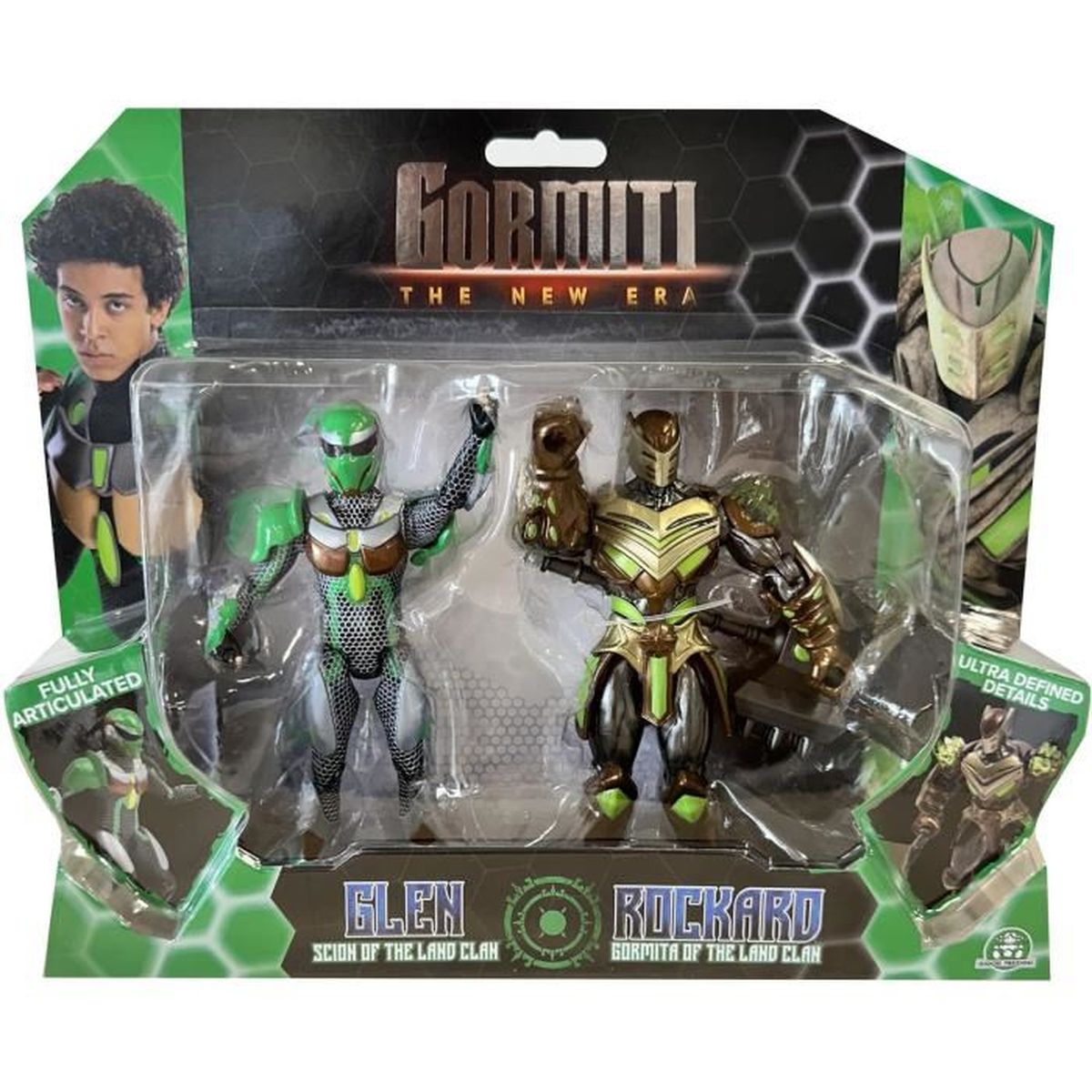 Zwei Gormiti-Actionfiguren in einer Verpackung. Einer ist Glen, der andere Rockard. Die Verpackung enthält Bilder und Text 'Gormiti: The New Era'.