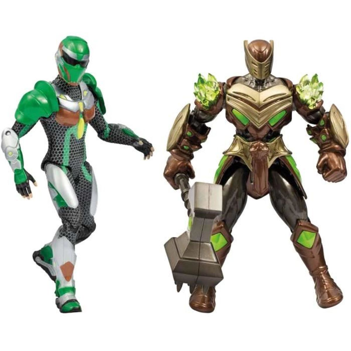 Zwei Actionfiguren. Eine in grüner und silberner Rüstung. Die andere in brauner und goldener Rüstung, mit einem Hammer.