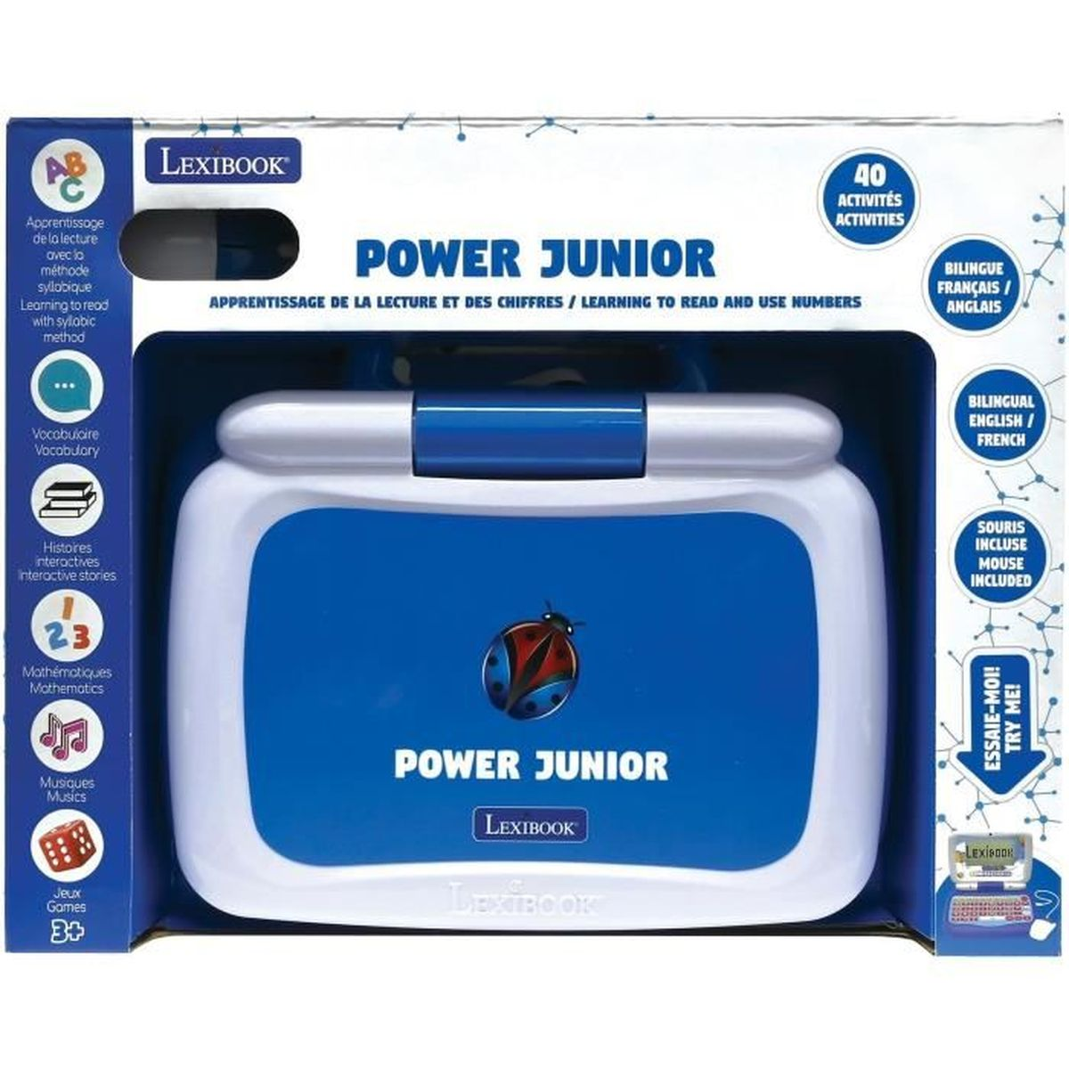 Ein Lexibook Power Junior Lerngerät wird angezeigt. Es hat einen blauen Bildschirm und einen weißen Rahmen. Verschiedene Bildungssymbole umgeben es.