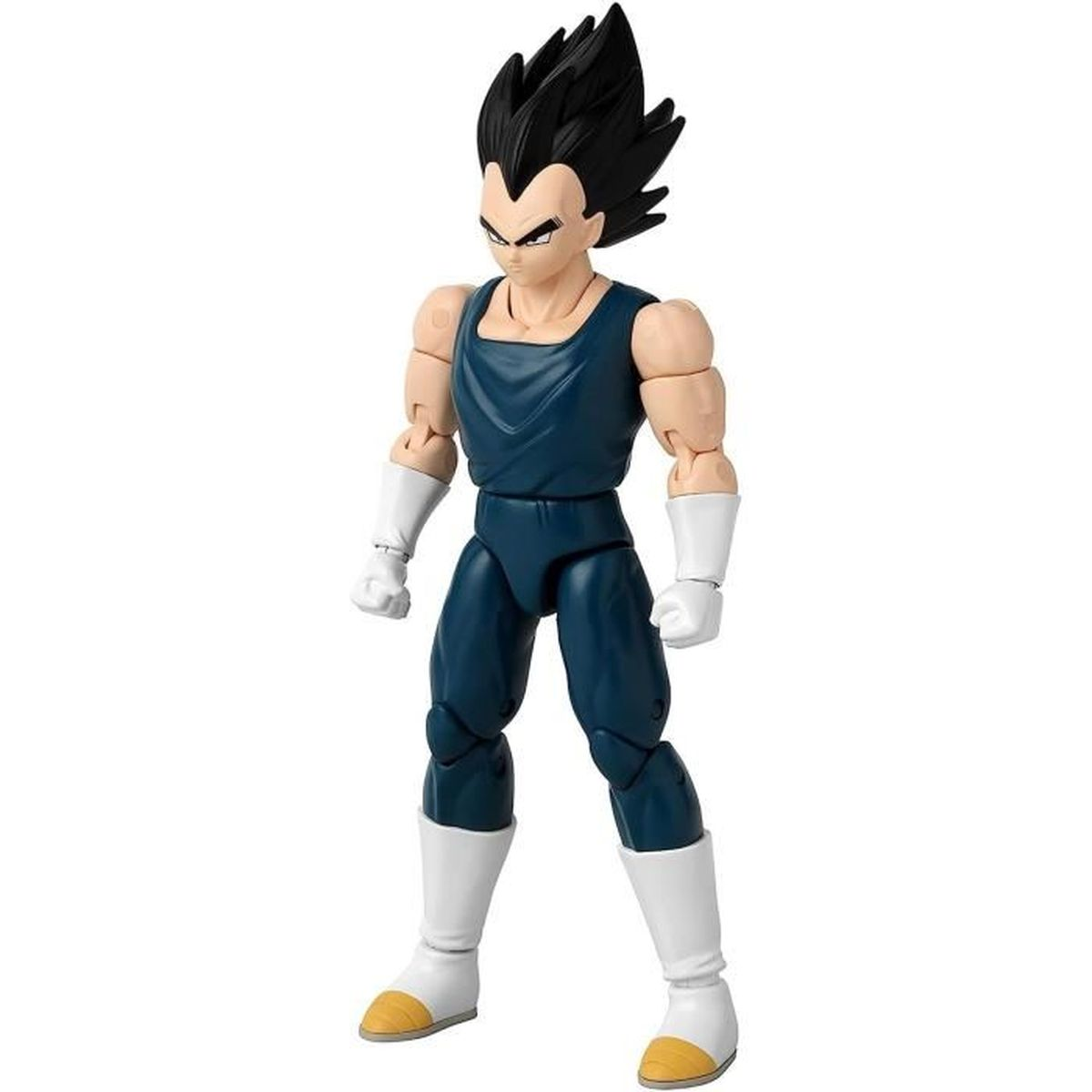 Figurka akcji Vegety. Ma na sobie niebieski strój z białymi rękawicami i butami oraz kolczaste czarne włosy.