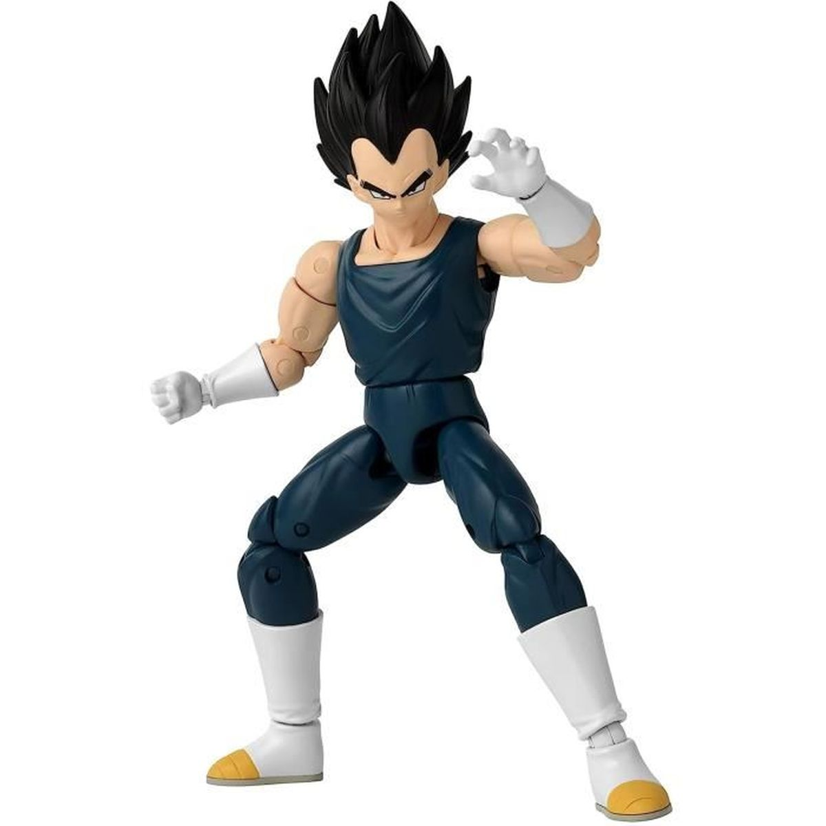 Figurka akcji Vegety. Ciemnoniebieski strój, białe rękawice i buty z żółtymi podeszwami. Kolczaste czarne włosy. Poza bojowa.