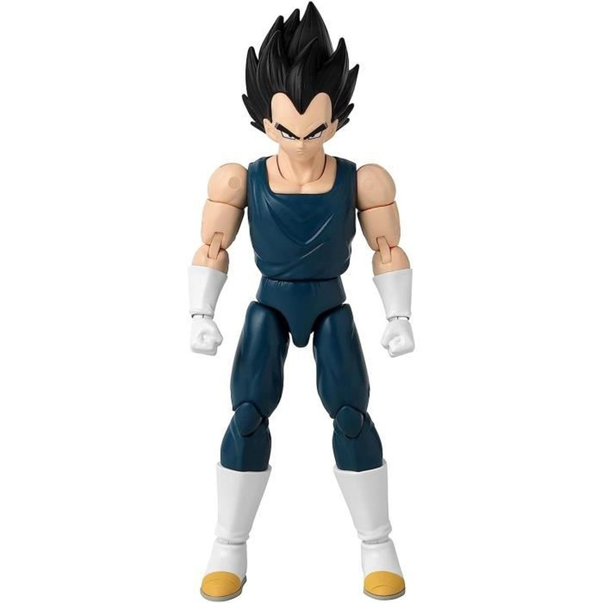 Figurka akcji Vegety. Ma czarne, kolczaste włosy, niebieski strój, białe rękawiczki i buty. Żółte podeszwy i poważny wyraz twarzy.