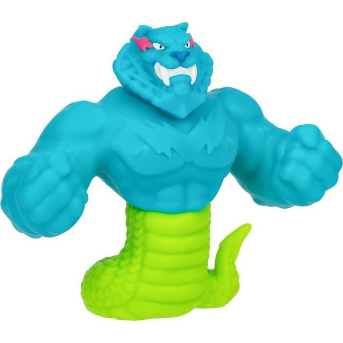 Ein blaues Monstermonsterspielzeug mit tigerähnlichem Kopf, muskulösen Armen und einem grünen Schlangenschwanz. Pinke Akzente auf dem Kopf. Weißer Hintergrund.