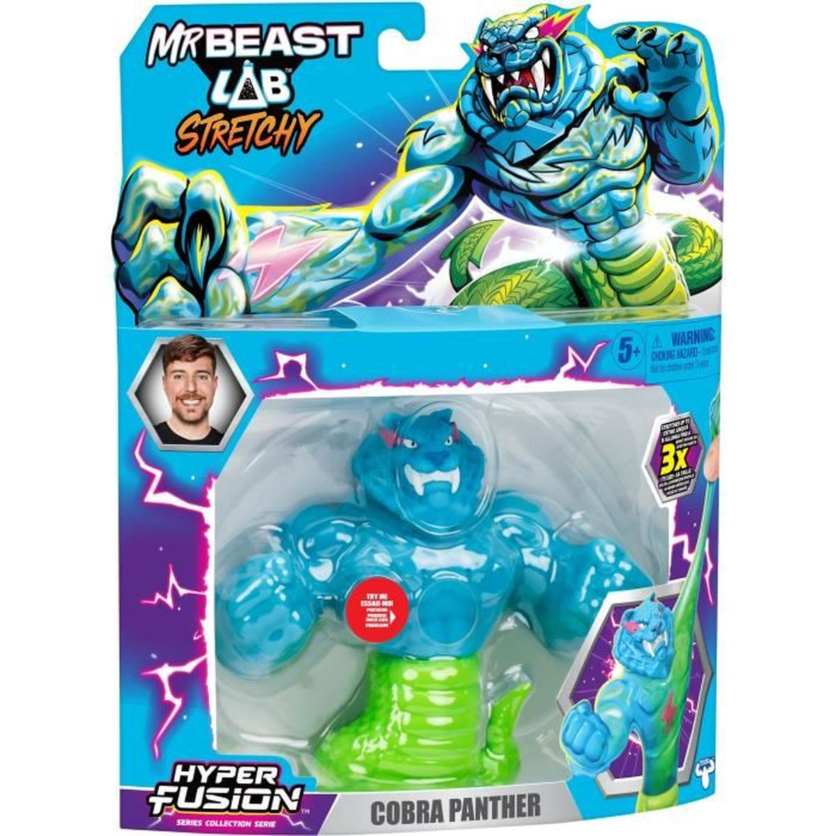 Eine MrBeast Lab 'Cobra Panther' Spielzeugverpackung. Sie zeigt einen blauen Pantherkörper mit einem grünen Schlangenschwanz, verpackt in einer Box.