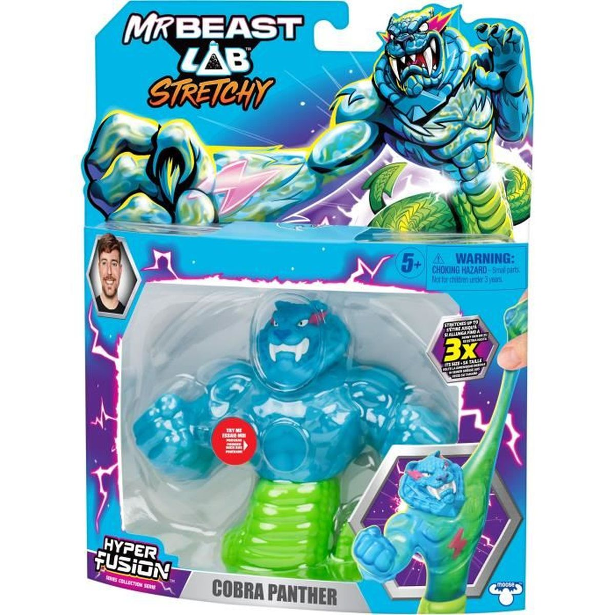 Spielzeugverpackung mit einer blauen Kobra-Panther-Figur. Die Verpackung hat MrBeast-Branding und eine Cartoon-Panther-Illustration.