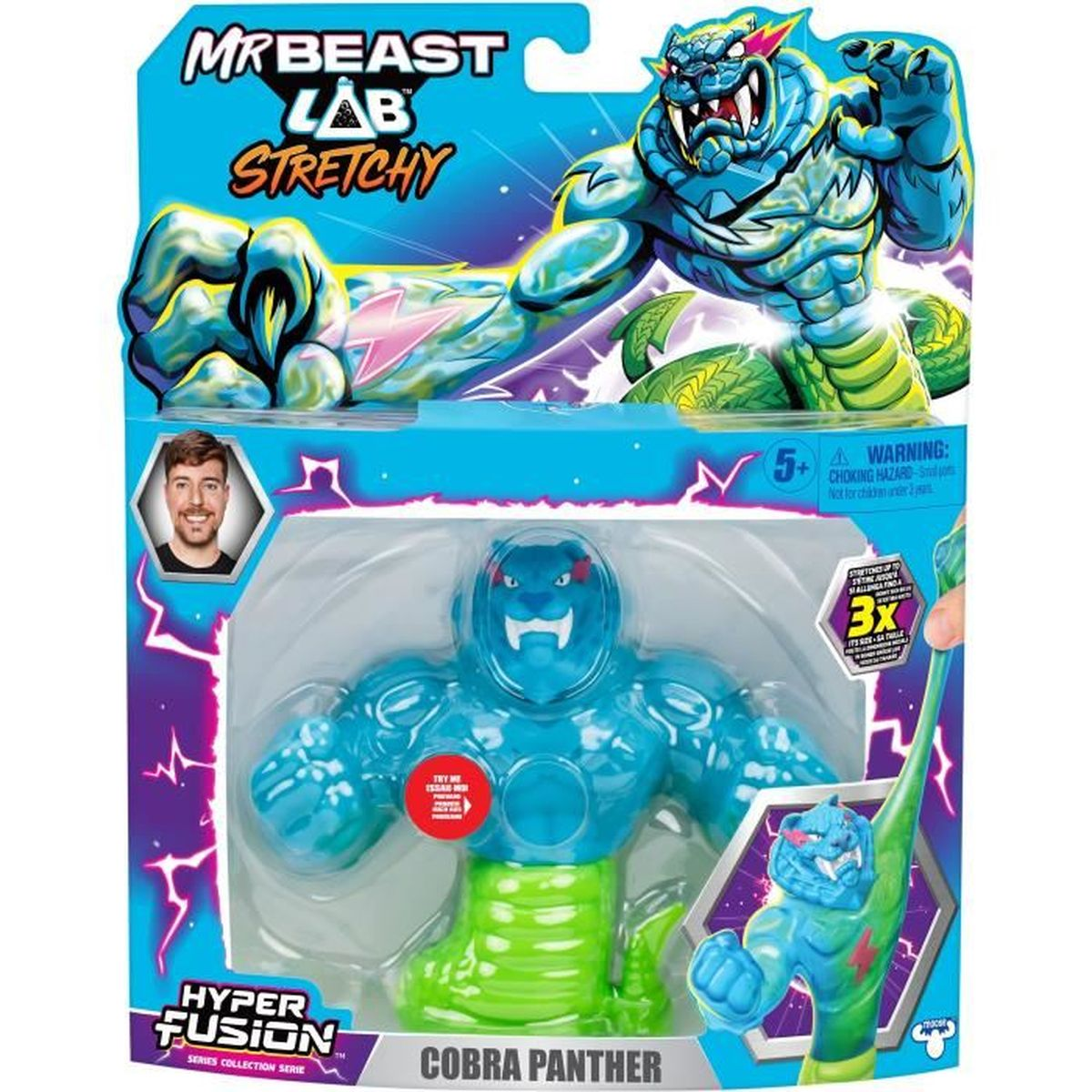 Ein MrBeast Lab Cobra Panther Spielzeug in einer Verpackung. Es ist eine blaue, dehnbare Figur mit einem grünen Schwanz. Die Verpackung hat eine Cartoon-Figur.