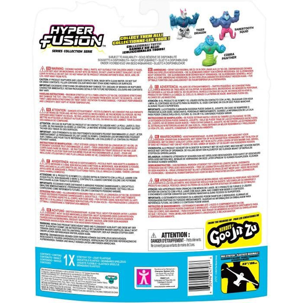 Verpackung zeigt Spielfiguren: Tiger, Kobra und andere. Text enthält Warnungen und Anweisungen.