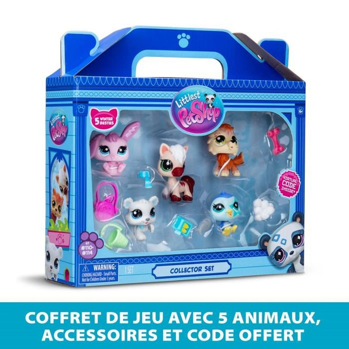 Ein Littlest Pet Shop Sammlerset wird gezeigt, das 5 Spielzeugtiere und Zubehör in einer blauen Box enthält. Auf der Box steht: "Collector Set".