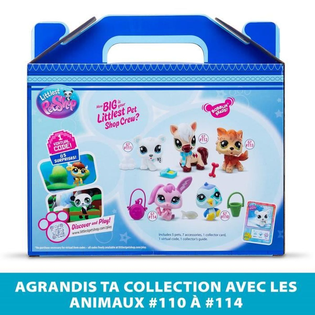 Box mit Littlest Pet Shop-Spielzeug. Es zeigt mehrere Spielzeugtiere, Zubehör und Text, der für den Inhalt wirbt.
