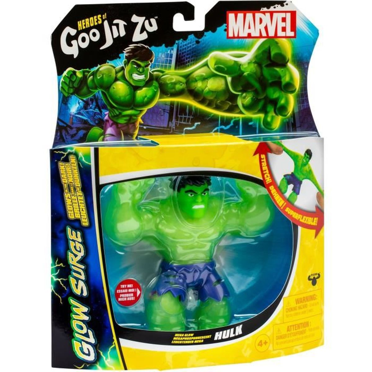 Hulk-Spielzeug in der Verpackung. Grüne Hulk-Figur mit blauen Shorts. Die Verpackung hat das Marvel-Logo und 'Goo Jit Zu'.