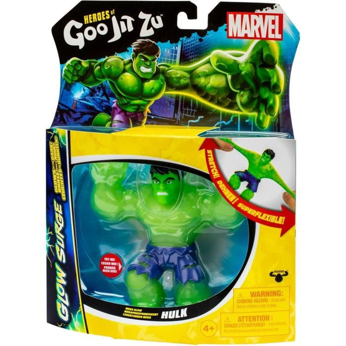 Eine Marvel Hulk-Actionfigur in der Verpackung. Die Verpackung hat Hulk-Grafiken und sagt 'Glow Surge'. Das Spielzeug Hulk ist grün.